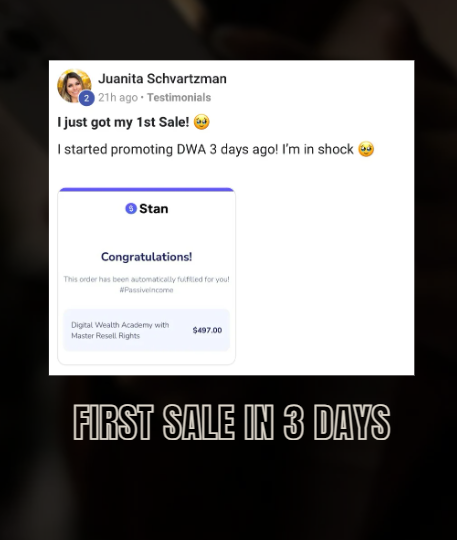 Juanita Schvartzman testimonial — first sale after 3 days promoting DWA